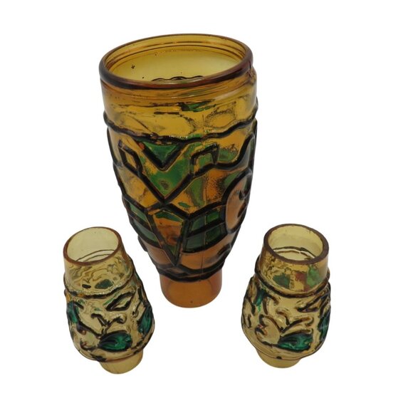 AMBER Glass Miniature Oil LAMP Trio With Hand-Painted Detailing Vintage - Picture 9 of 11